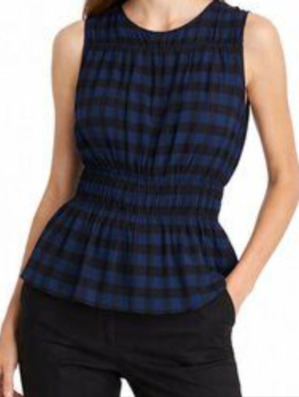 Club Monaco Black and Blue Check Smocked-Waist Sleeveless Top NWOT